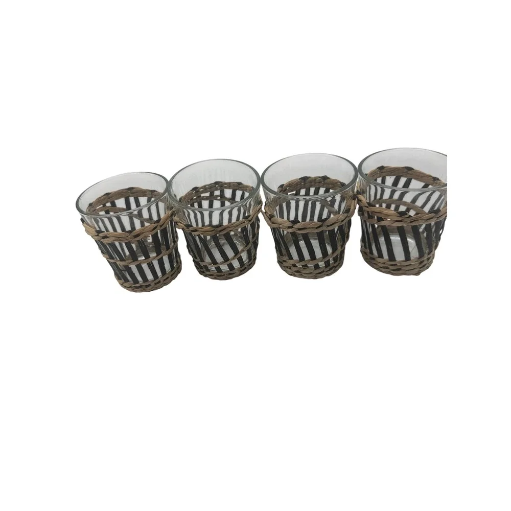 Woven Rattan Wrapped Glass Tumblers Whisky Glasses Set of 4 Natural Black Boho